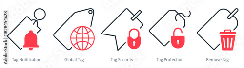 A set of 5 business icons as tag notification, global tag, tag security
