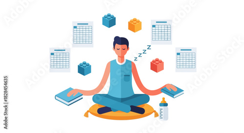 Man Sleeping in Meditation Pose While Juggling Work, Parenting, and Education Demands | Concept of Work-Life Balance and Burnout