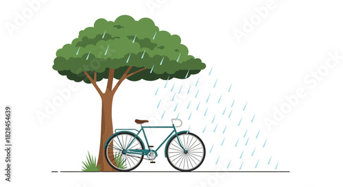 Stylized bicycle parked beneath a tree during a rain shower, minimal design