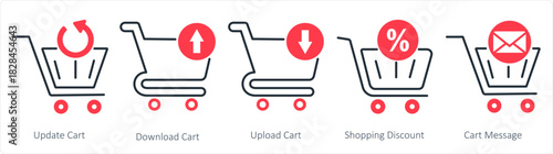 A set of 5 business icons as update cart, download cart, upload cart