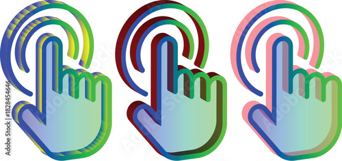 Three colorful hands pointing or touching with a chromatic aberration effect