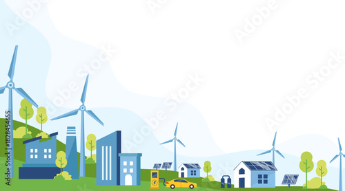 Green Sustainable City Landscape with Eco-Friendly Buildings, Solar Panels, and Wind Turbines for Renewable Energy and Clean Environment Vector