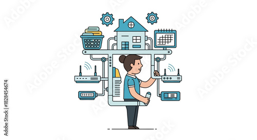 Smart Home Automation and IoT Ecosystem Management. Woman controls integrated domestic technology and scheduling.