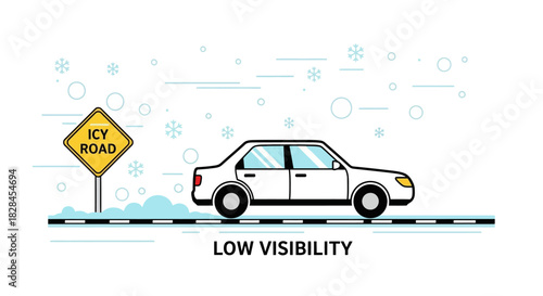 Illustration of car driving in winter with icy road sign promoting safety on roads