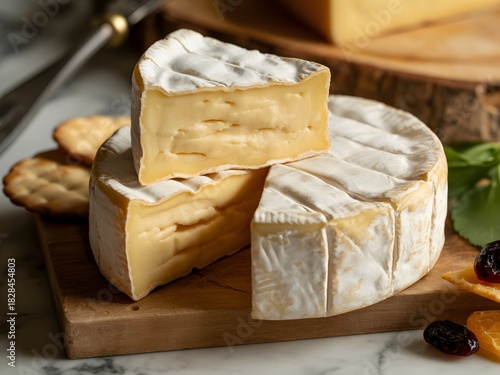 Soft ripened cheese wheel with crackers and fruit brie