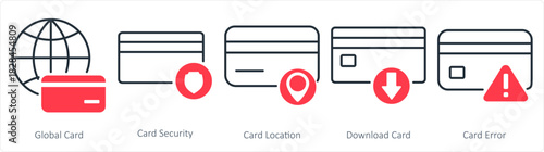 A set of 5 business icons as global card, card security, card location