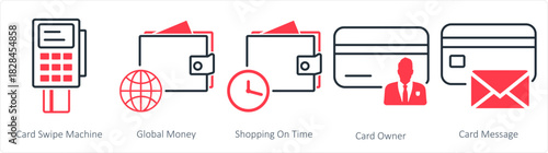 A set of 5 business icons as card swipe machine, global money, shopping on time