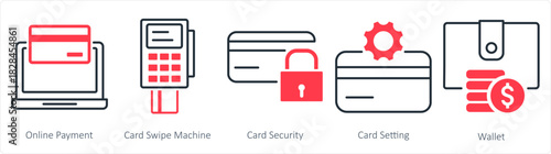 A set of 5 business icons as online payment, card swipe machine, card security