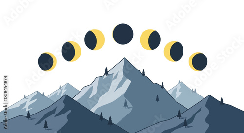 Minimalist mountain range landscape art illustration with moon phases arc design
