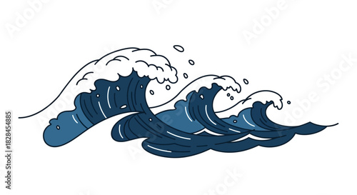 Stylized blue ocean waves illustration evokes a vintage aesthetic with smooth gradients and