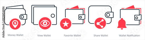 A set of 5 business icons as money wallet, view wallet, favorite wallet