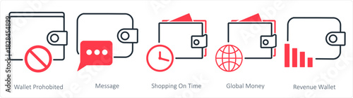 A set of 5 business icons as wallet prohibited, message, shopping on time