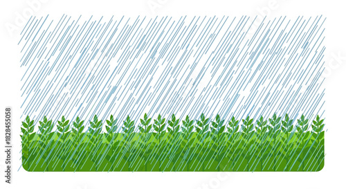 Stylized rainfall illustration with verdant vegetation and refreshing precipitation graphic