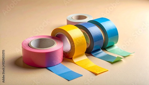 Five colorful tape rolls stretch across light—ritual of adhesion and arrangement, where glossy strips and vibrant hues choreograph the emotional architecture of craft, repair, and playful precision.