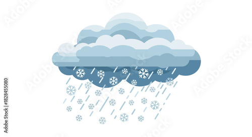 Animated illustration showcasing a cloud formation bringing winter snowfall scenery on a white