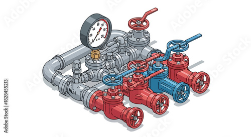 Isometric illustration showcasing an interconnected pipeline system with valves and pressure gauge
