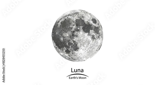 Detailed artistic rendering of the full moon revealing craters and texture against white background