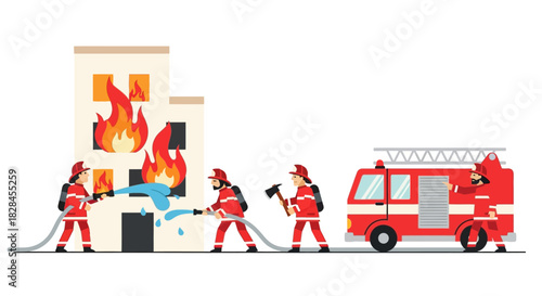 Brave firefighters extinguish flames erupting from building with precision and teamwork heroically