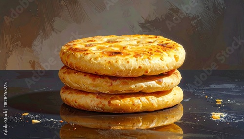 Three stacked naan breads rest in warm light—ritual of nourishment and tradition, where golden spots and soft folds choreograph the emotional architecture of heritage and communal sustenance.