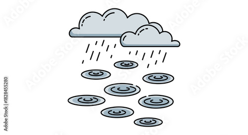 Stylized vector illustration showcasing rain falling from clouds and forming puddles