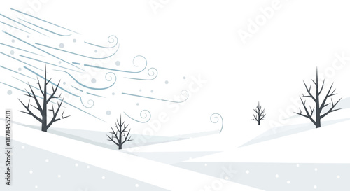 Stylized winter blizzard scene with bare trees and blowing snow creating a minimalist artistic scene