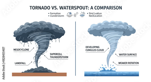 Tornadoes compared to waterspouts, illustrates the differences in formation and impact of weather