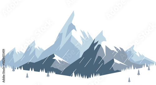 Stylized mountain landscape design with evergreen trees for outdoor scenery banner