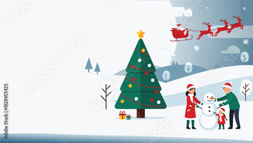 Winter Christmas Scene Illustration Family Building Snowman Background