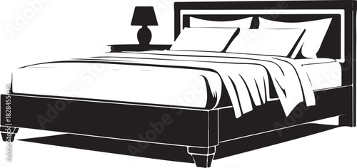 Black and white illustration of a bed with pillows and a lamp