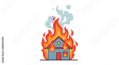 Stylized illustration showcasing the intense blaze engulfing a residential house structure