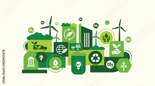 World environment and sustainable development concept with ecology icons template vector flat design, eco friendly and green technology. ESG for business and organization. Net zero and carbon neutral