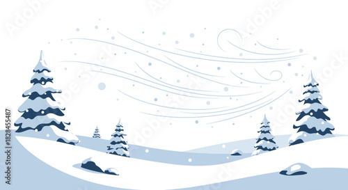 Stylized vector illustration of a snowy winter landscape with pine trees and swirling wind effects