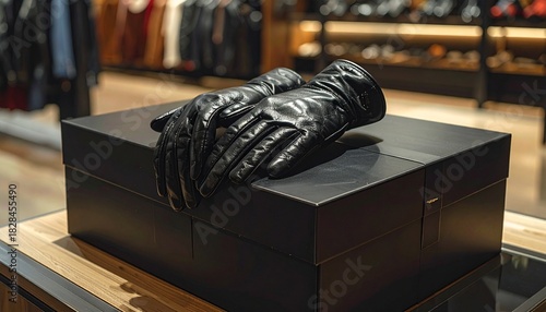Black leather gloves rest atop stacked boxes—ritual of elegance and concealment, where folded fingers choreograph the quiet tension of fashion, formality, and emotional armor.