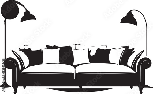 Black and white illustration of a sofa with pillows and floor lamps