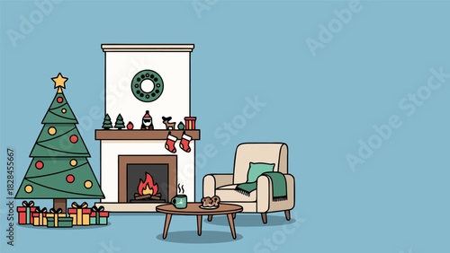 Festive Christmas living room scene illustration for holiday background, cozy atmosphere with decorated tree and fireplace