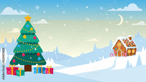 Winter Christmas scene illustration background with a decorated tree and gingerbread house in snowy landscape