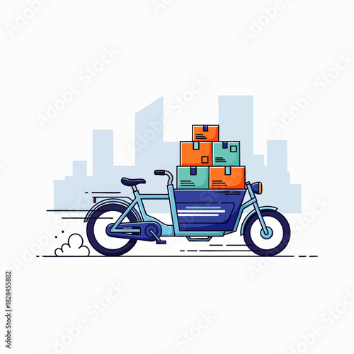 A modern electric cargo bicycle swiftly transports multiple delivery boxes through a stylized urban landscape, emphasizing efficient and eco-friendly logistics.