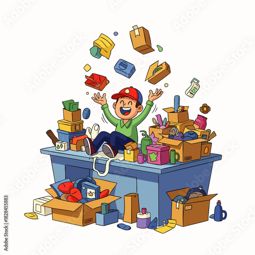 A cheerful child is overwhelmed with joy amidst a playful explosion of packages and unboxed items, representing abundance and happiness.
