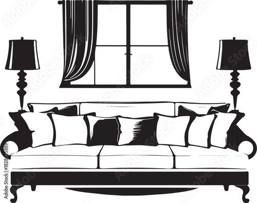 Black and white illustration of a sofa with pillows and lamps