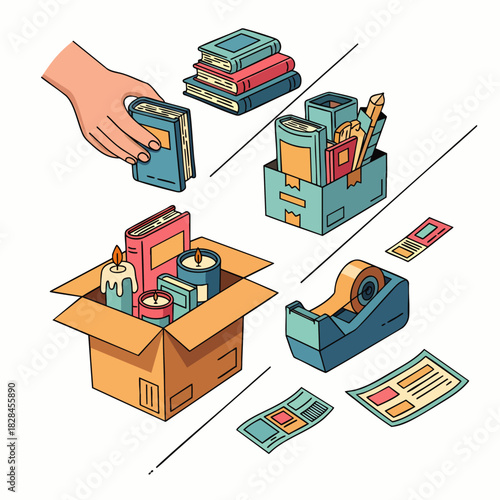 A dynamic illustration detailing the organized process of packing personal belongings, including books, candles, and office supplies, into cardboard boxes for relocation.