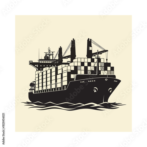 Cargo ship sailing on the ocean carrying containers in a vintage style black and white illustration