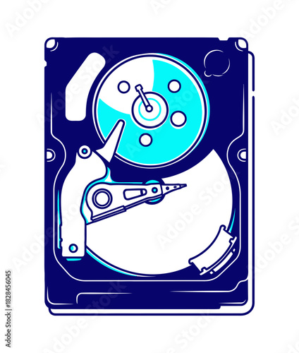 Hard drive disk illustration showing data storage and computer memory in blue and white colors