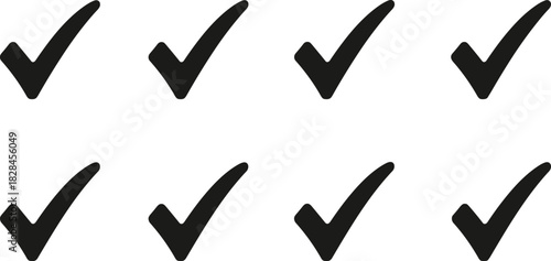 Black check mark icons, tick symbol set, confirmation vector, task completion graphic, survey checkbox, outline style, minimalist design
