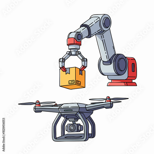 An advanced robotic arm precisely handles a delivery package above a modern drone, symbolizing efficient automated logistics and future technology.
