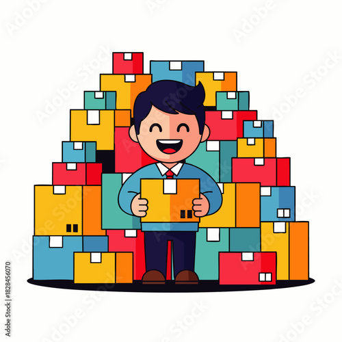 A cheerful delivery man stands proudly amidst a towering stack of colorful cardboard boxes, symbolizing efficient e-commerce and successful logistics operations.