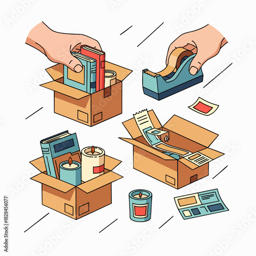 A detailed illustration showcasing hands carefully packing diverse personal belongings like books and candles into cardboard boxes for moving or shipping purposes.