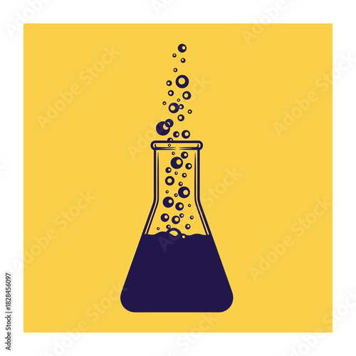 Dark blue liquid bubbles in a clear flask against a yellow background for science experiments