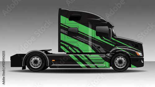 A black semi-truck with a dynamic green and black graphic decal design on its side, viewed from the profile.