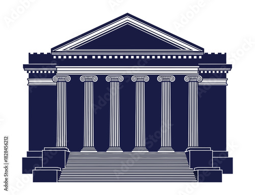 Dark blue pixel art illustration of a classical building with columns against a black background