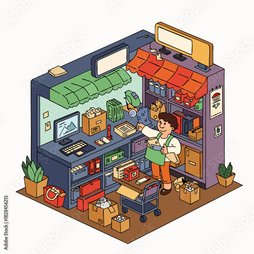 This charming isometric illustration depicts a diligent shopkeeper or small business owner efficiently managing their cozy, well-stocked retail space.